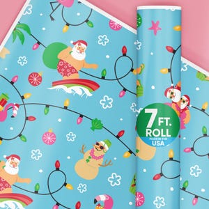 Tropical Christmas Wrapping Paper, Holiday Gift Wrapping Paper, Hawaiian Christmas Beach Santa Gift Wrapping Paper, 24 in x 7 feet, 1 Roll