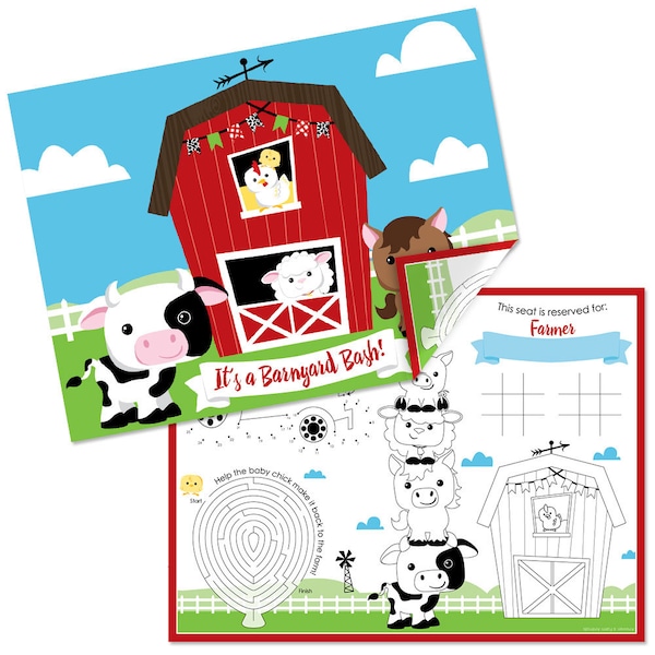 Farm Animals - Paper Barnyard Birthday Party Coloring Sheets - Activity Placemats - Set of 16