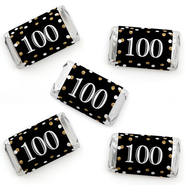 100th Birthday Mini Candy Bar Wrappers - Chocolate Miniature Candy Bar Sticker Labels - Adult 100th Birthday - Gold - 40 Ct.