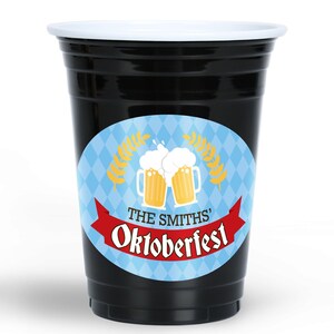 Oktoberfest Party Cups, 16oz Disposable Drinkware, German Beer Festival Decor, Custom Cups (Black) & Personalized Text Stickers - 16 Pack