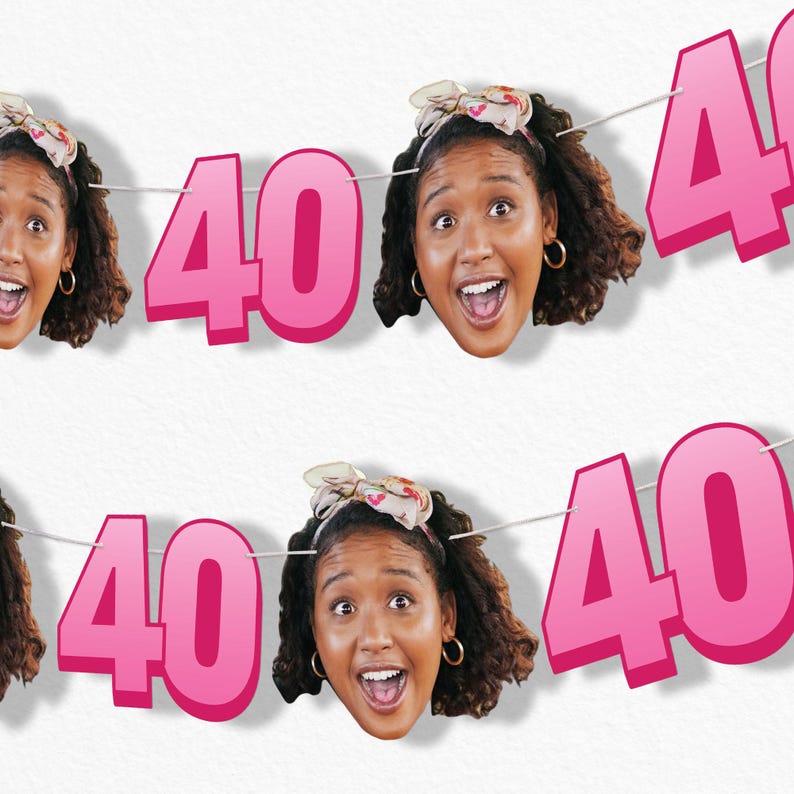 May include: A banner with the number "40" in pink, strung between smiling faces of a woman with curly hair, wearing a bow and hoop earrings. The background is white.