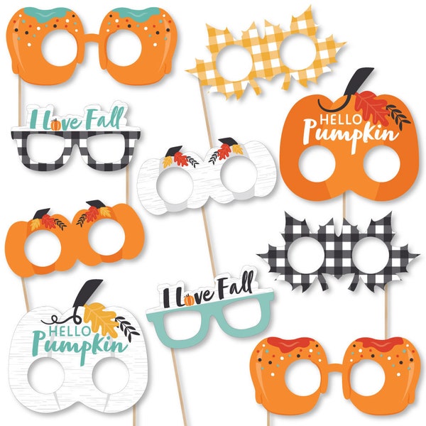 Happy Fall Truck Glasses and Masks - Paper Card Stock Harvest Pumpkin Party Photo Booth Props Kit - 10 Count