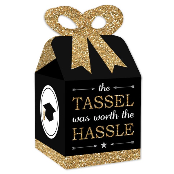 Tassel Worth The Hassle - Gold - Square Favor Gift Boxes - Graduation Party Bow Boxes - Set of 12