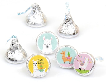 May include: Six Hershey's Kisses chocolates wrapped in silver foil. Three are standard, while three feature circular stickers with llama illustrations. One sticker says LLAMA-RAMA with a llama and cactus, another shows a llama with a cactus, and the third shows a llama with bunting.
