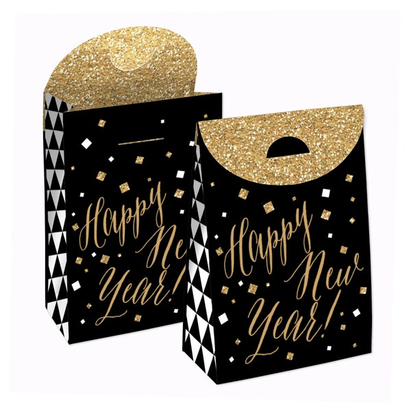 New Year’s Eve - Gold - New Years Eve Gift Favor Bags - Party Goodie Boxes - Set of 12