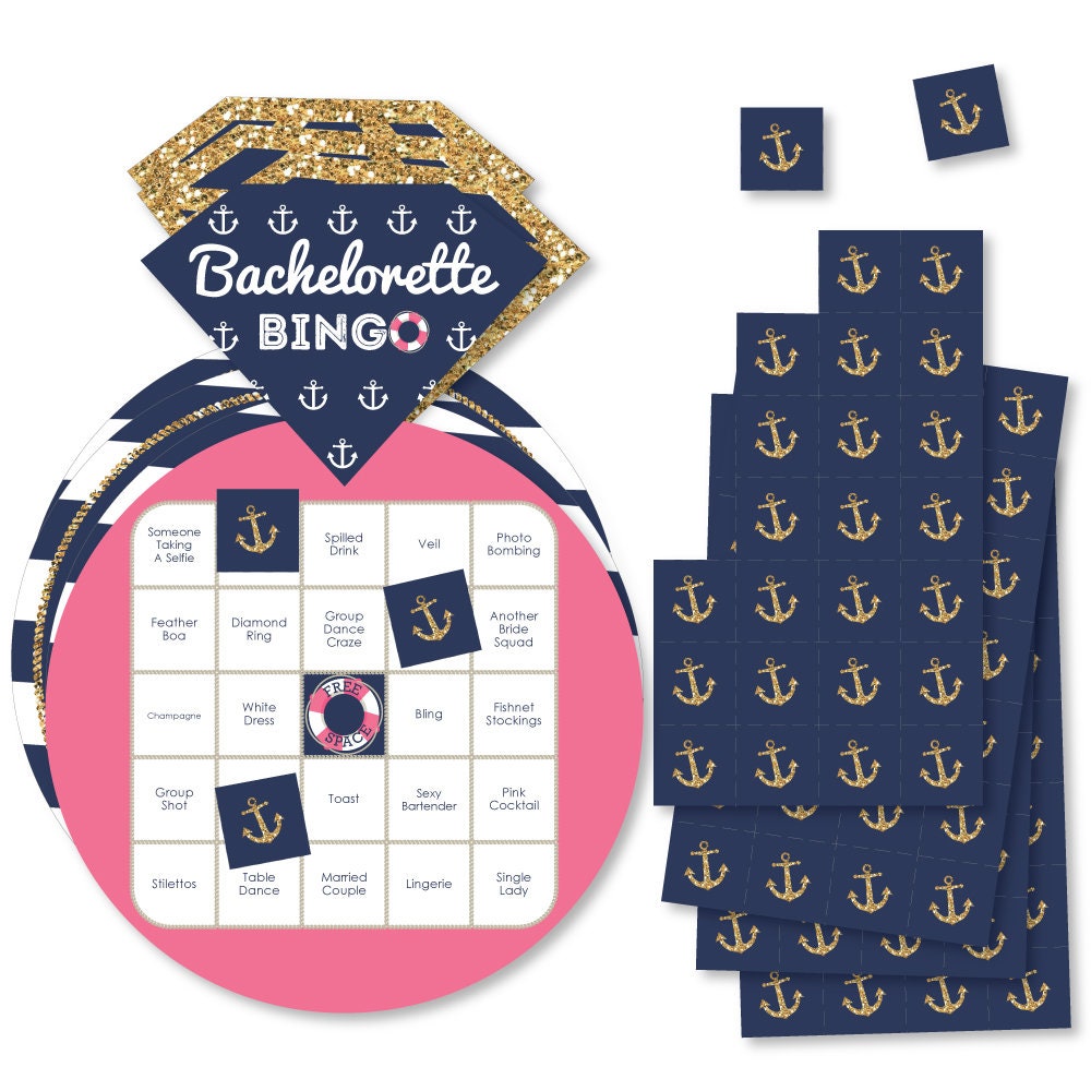 Nautical Bachelorette and Bridal Shower Shaped Bingo Game Bar Bingo Cards and Markers Big Dot of Happiness Last Sail Before the Veil Set of 18