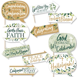 May include: A set of 10 green and gold photo booth props with religious sayings for a confirmation party. The props include sayings like "Congratulations on your Confirmation", "Gotta Have Faith", "God Bless You Always", "Celebrating in Fellowship", "Peace Be With You", "Hallelujah", "Feeling Blessed", "God is Great, Let's Celebrate", "Since I'm Confirmed, Can I Play the Organ?" and "Confirmed Today".