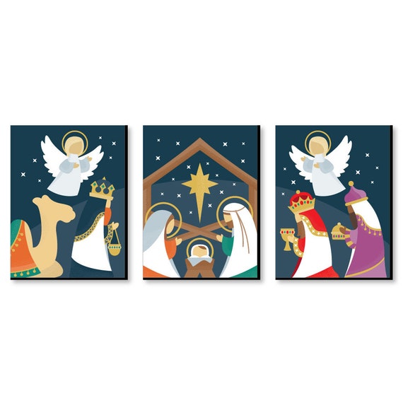 Holy Nativity - Religious Nursery Wall Art and Manger Scene Christmas Room Decor - 7.5 x 10 inches - Set of 3 Prints Il_570xn