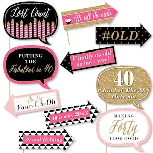 Funny Chic 40th Birthday - Pink, Black and Gold - Photo Booth Props - 40th Birthday Party Photo Booth Prop Kit - 10 Photo Props