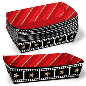 May include: A stack of red and black paper party favor trays with a gold glitter stripe design and a film strip border with gold stars.