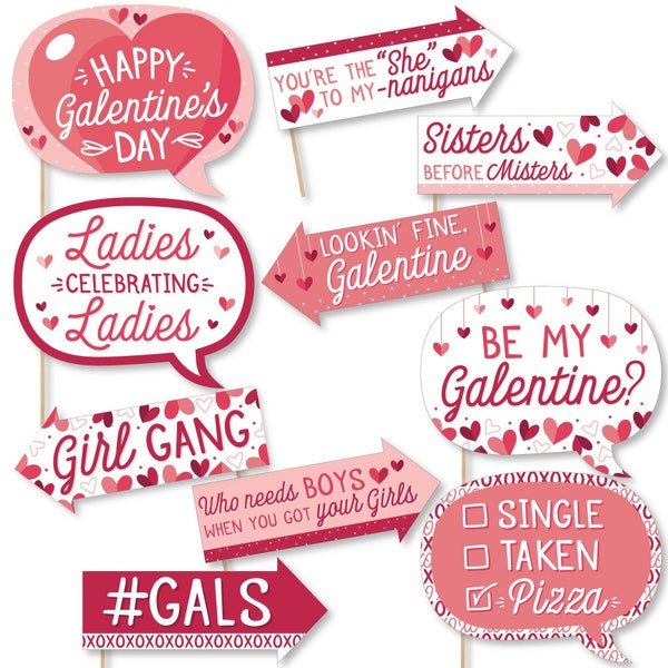 Funny Happy Galentine’s Day - Valentine’s Day Party Photo Booth Props Kit - 10 Piece