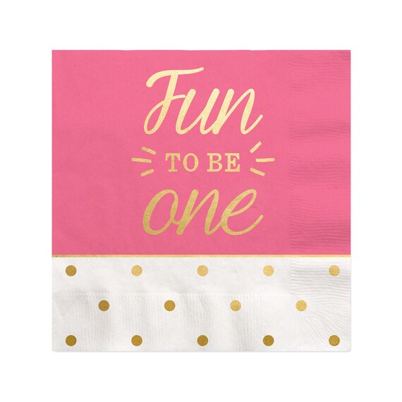 First Birthday Girl Gold Foil Print Beverage Napkins - Fun to Be One Tableware - Pink Cocktail Napkins - 1st Birthday Party Supplies - 16 ct Il_570xn
