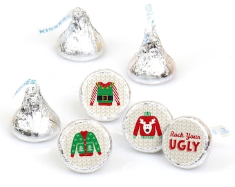 Ugly Sweater - Holiday and Christmas Party Round Candy Sticker Favors - Labels Fit Chocolate Candy (1 Sheet of 108)