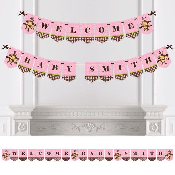 Pink Monkey Girl Bunting Banner Personalized Baby Shower Or