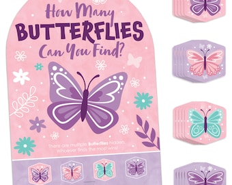 Hermosa mariposa – Búsqueda del tesoro floral para baby shower o fiesta de cumpleaños – 1 soporte y 48 piezas de juego – Juego de esconder y encontrar