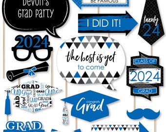 Blue Grad Photo Booth Props Kit - Best is Yet to Come - Personalized 2024 Graduation Party - 20 Count