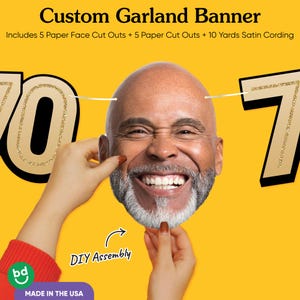 May include: A custom garland banner with a smiling face cut-out. The banner includes paper face cut-outs, paper cut-outs, and satin cording. The text "Custom Garland Banner" is at the top, with "DIY Assembly" and "MADE IN THE USA" also visible.