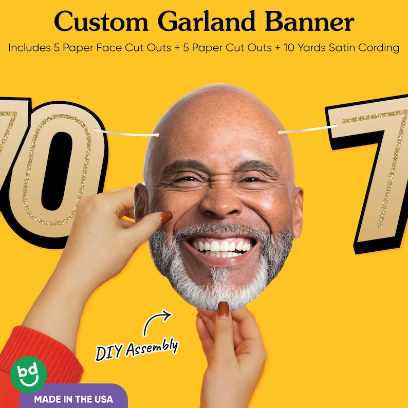 May include: A custom garland banner with a smiling face cut-out. The banner includes paper face cut-outs, paper cut-outs, and satin cording. The text "Custom Garland Banner" is at the top, with "DIY Assembly" and "MADE IN THE USA" also visible.
