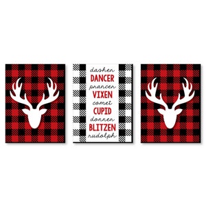 Prancing Plaid - Reindeer Wall Art and Buffalo Plaid Christmas Decor - 7.5” x 10” Holiday Wall Art - Seasonal Plaid Decor - Set of 3 Prints