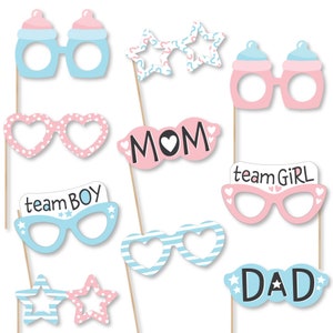 Baby Gender Reveal Glasses - Paper Card Stock Team Boy or Girl Party Photo Booth Props Kit - 10 Count