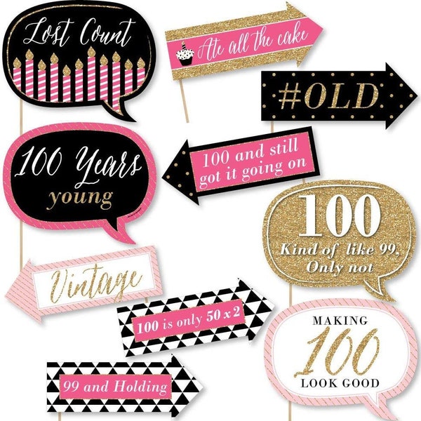 Funny Chic 100th Birthday - Pink, Black and Gold - Birthday Party Photo Booth Props Kit - 10 Piece