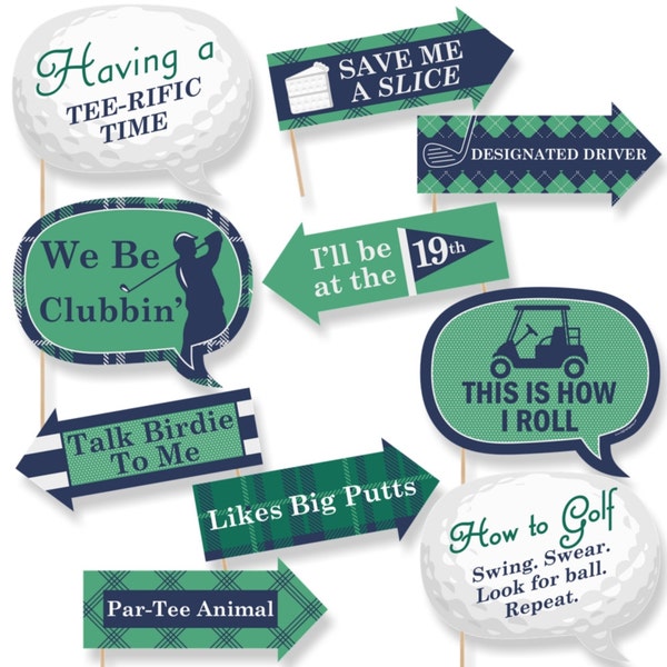 Funny Golf Photo Booth Props - Par-Tee Time Golf Photobooth Prop Kit - Golf Party Props - 10 Photo Props