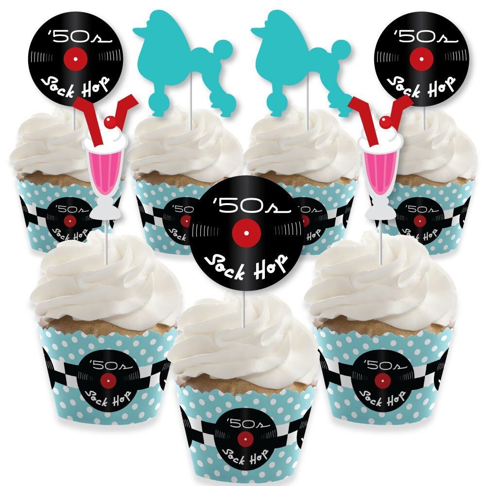 50s Sock Hop 1950s Party Supplies Rock N Roll Party Cupcake Wrappers and Treat Picks Kit Fifties Party Set of 24