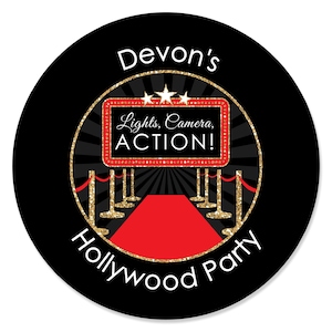 Personalized Red Carpet Hollywood - Custom Movie Night Party Favor Circle Sticker Labels - Custom Text - 24 Count