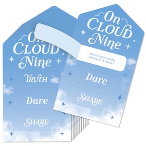 May include: A set of 10 blue and white cards with the text "On Cloud Nine" and the options "Truth", "Dare", and "Share".