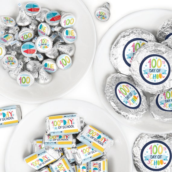 Happy 100th Day of School - Mini Candy Bar Wrappers, Round Candy Stickers and Circle Stickers - 100 Days Candy Favor Sticker Kit - 304 Pcs Il_570xn