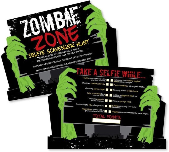 Zombie Zone - Selfie Scavenger Hunt - Halloween or Birthday Zombie Crawl Party Game - Set of 12 Il_570xn