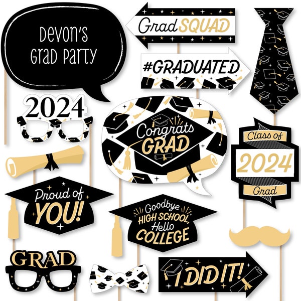 Goodbye High School, Hello College Photo Booth Props Kit - Personalized 2024 Graduation Party - 20 Count