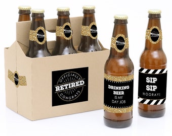 Happy Retirement - 6 Beer Bottle Labels & 1 Carrier - Retirement Party Gifts for Him or Her - Retirement Gifts for Women and Men