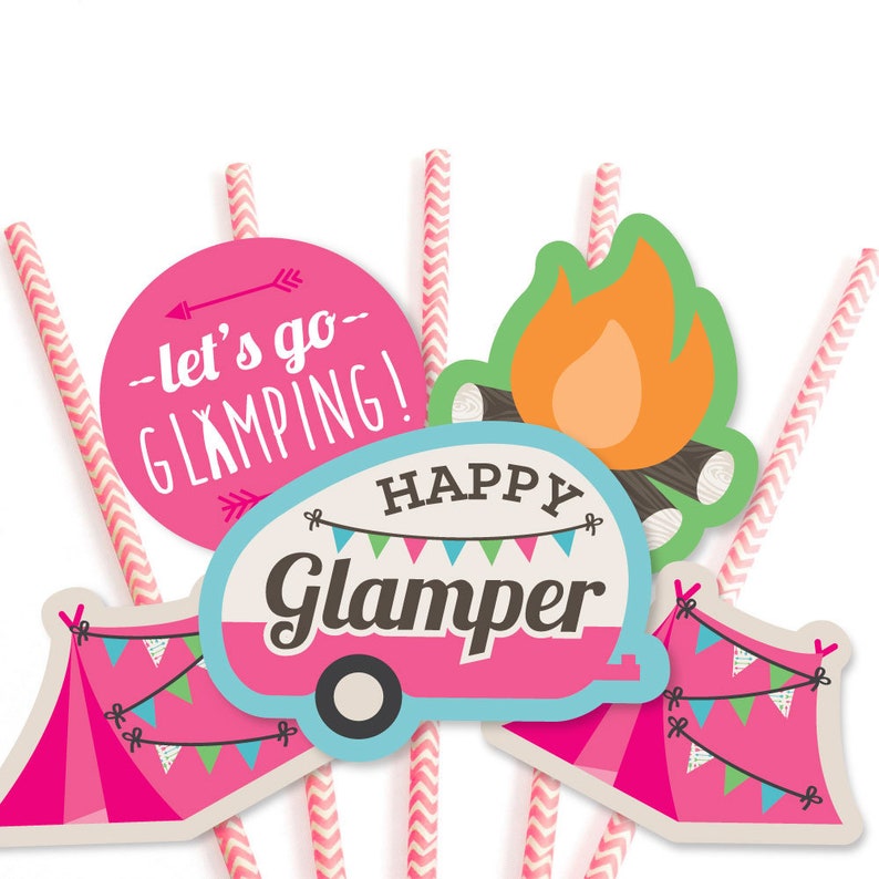 Let's Go Glamping Die-Cut Straw Decorations Camp Glamp Party Paper Cut-Outs & Striped Paper Straws Birthday Party Decor 24 ct. image 5