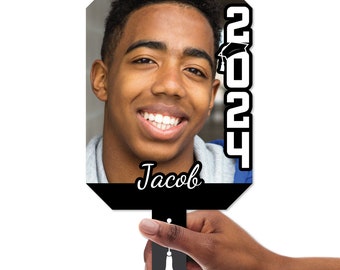Custom Black Grad Photo Paddles, Class of 2024 Face Fans with Handles Personalized Grad Big Head on Stick Graduation Party Photo Booth Props
