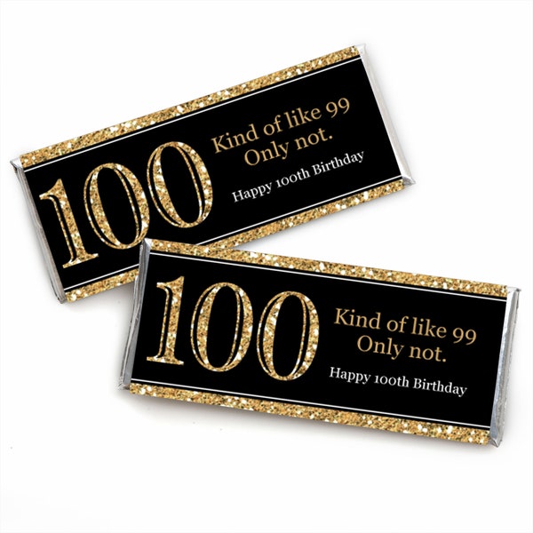 100th Birthday Candy Bar Wrappers - Adult 100th Birthday - Gold - Birthday Party Favors - Set of 24