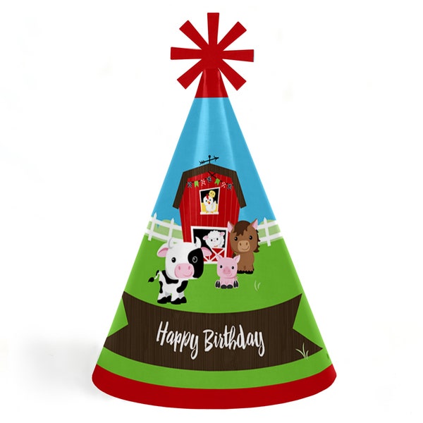 Farm Animals Party - Cone Happy Birthday Party Hats for Kids and Adults - Set of 8 (Standard Size)
