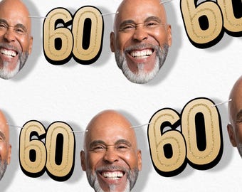 Custom 60th Birthday Face Cut Out Garland Banner, Personalized Adult Birthday Party Decor, 30 Ft of Cord, 5 Face Cutouts 5 Age 60 Shapes