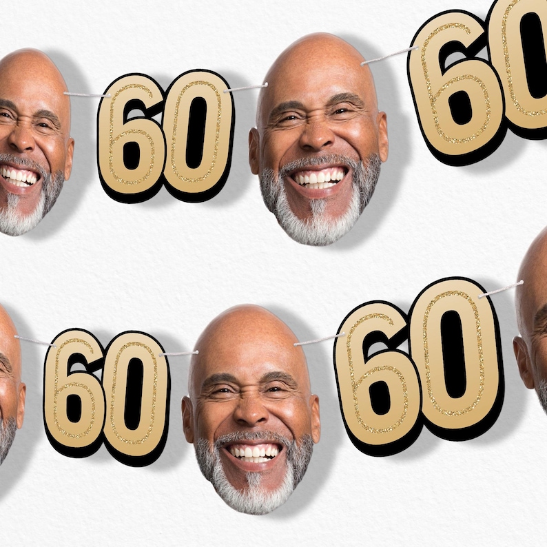 May include: A banner with the number "60" in gold glitter and black outline, strung between smiling faces of a bald man with a gray beard. The background is white.