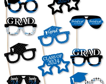 Blue Grad - Best is Yet to Come Glasses and Masks - Paper Card Stock 2024 Graduation Party Photo Booth Props Kit - 10 Count