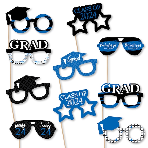 Blue Grad - Best is Yet to Come Glasses and Masks - Paper Card Stock 2024 Graduation Party Photo Booth Props Kit - 10 Count