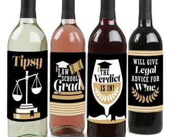 Law School Grad - Future Lawyer Graduation Party Decorations for Women and Men - Wine Bottle Label Stickers - Set of 4