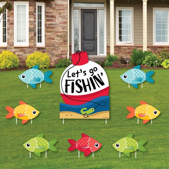 Lets Go Fishing Yard Sign and Outdoor Lawn Decorations Fish Themed