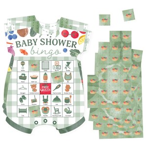 May include: A baby shower bingo game printed on a onesie-shaped card with a green gingham pattern. The card features illustrations of baby items and the text BABY SHOWER bingo. Includes a grid with a red free space and separate square markers.