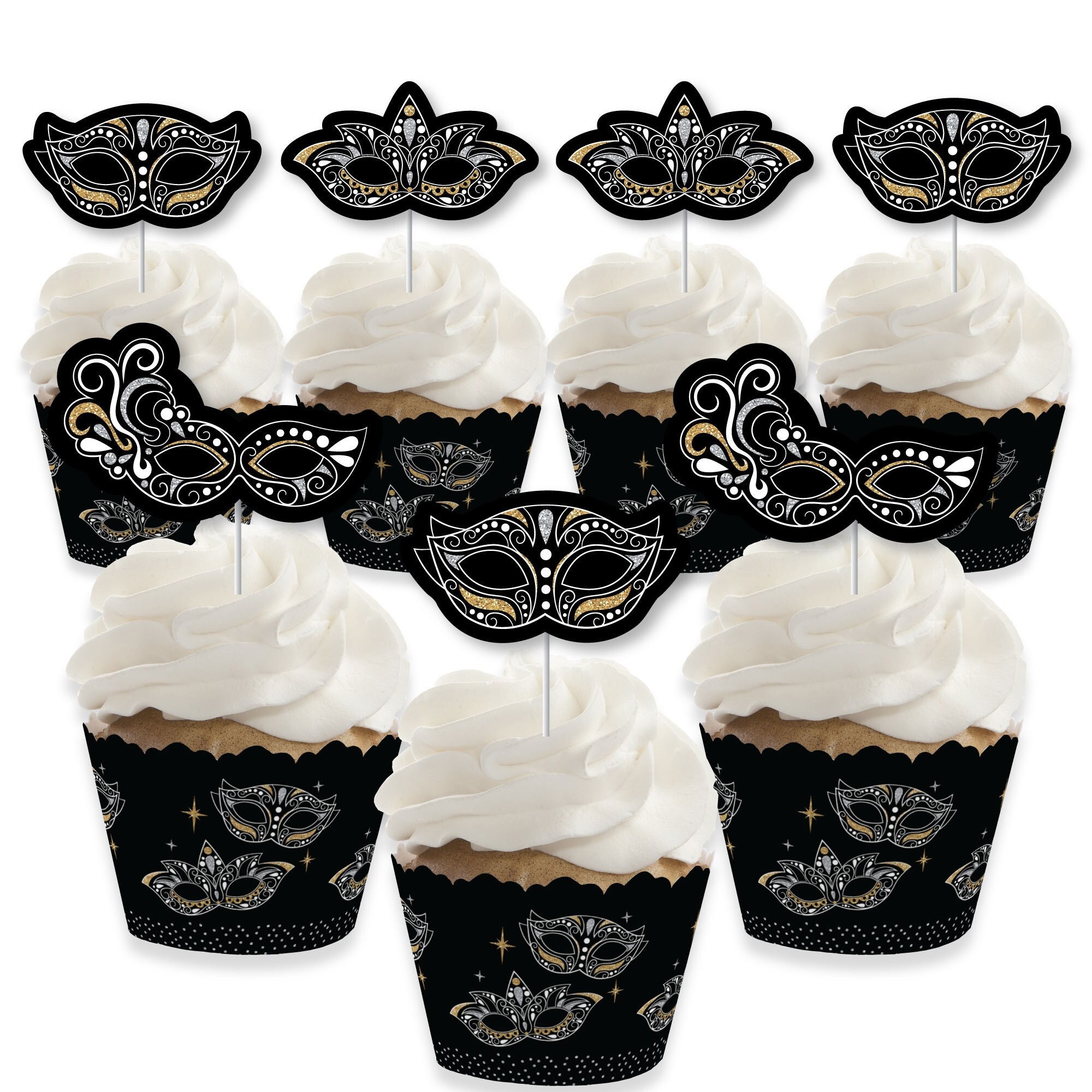 Masquerade Cupcake Decoration Venetian Mask Party Cupcake Wrappers and Treat Picks Kit Set of 24