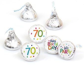 70th Birthday - Cheerful Happy Birthday -Colorful Seventieth Birthday Party Round Sticker Favors-Labels Fit Chocolate Candy (1 sheet of 108)