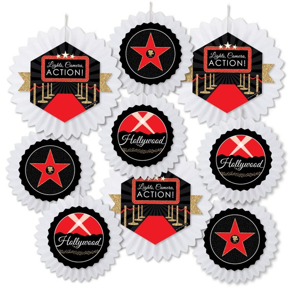 Red Carpet Hollywood - Hanging Movie Night Party Tissue Decoration Kit - Paper Fans - Set of 9 Il_570xn