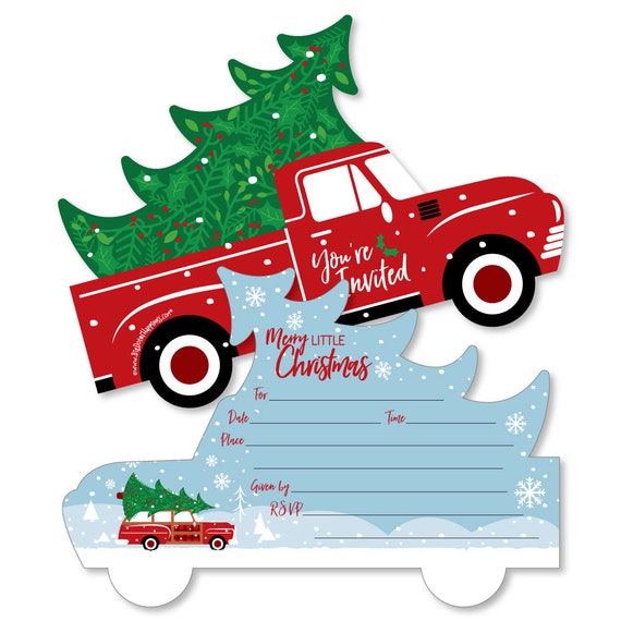 Merry Little Christmas Tree - Shaped Fill-in Invitations - Red Truck Christmas Party Invitation Cards with Envelopes -12 Invites w/Envelopes Il_570xn