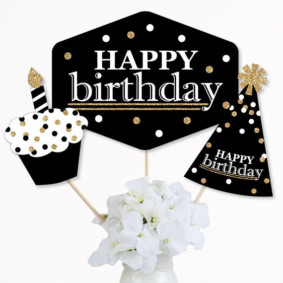 thinkstar Huge, Happy Birthday Centerpieces for Tables - Pack of 9 | Happy Birthday Table Decorations | Black and Gold Birthday Deco