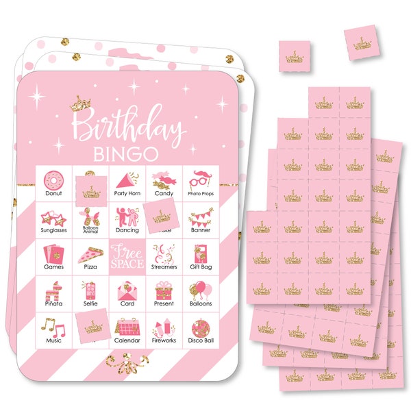 Little Princess Crown - Picture Bingo Cards and Markers - Birthday Party Bingo Game - Set of 18